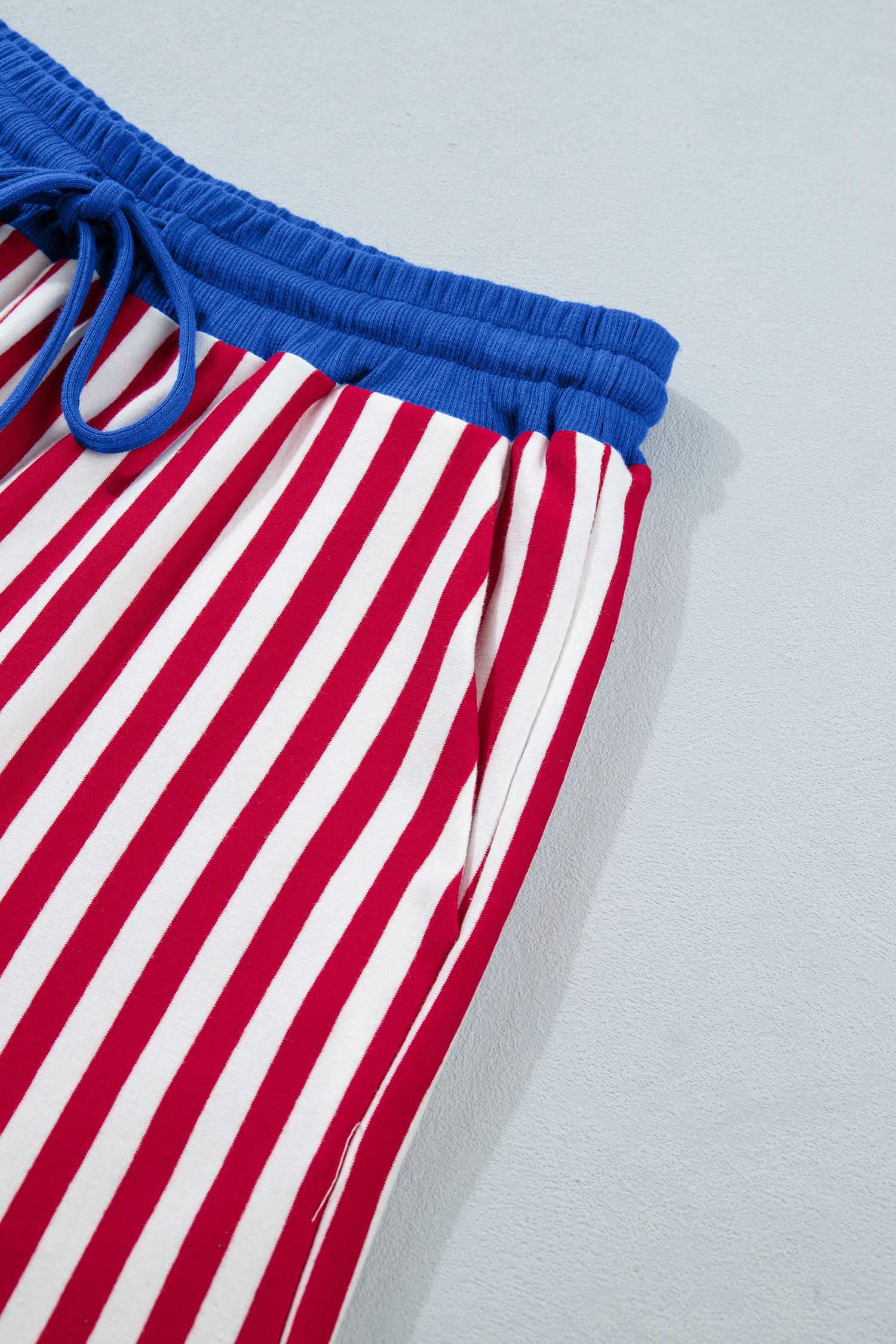 Red Stripe Colorblock Trim V Neck Tee Drawstring Elastic Waist Short Set
