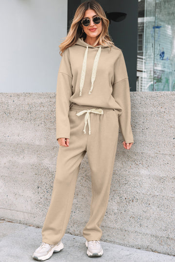 Jet Stream Lace Drawstring Pullover Hoodie and High Waist Pants Corduroy Suit