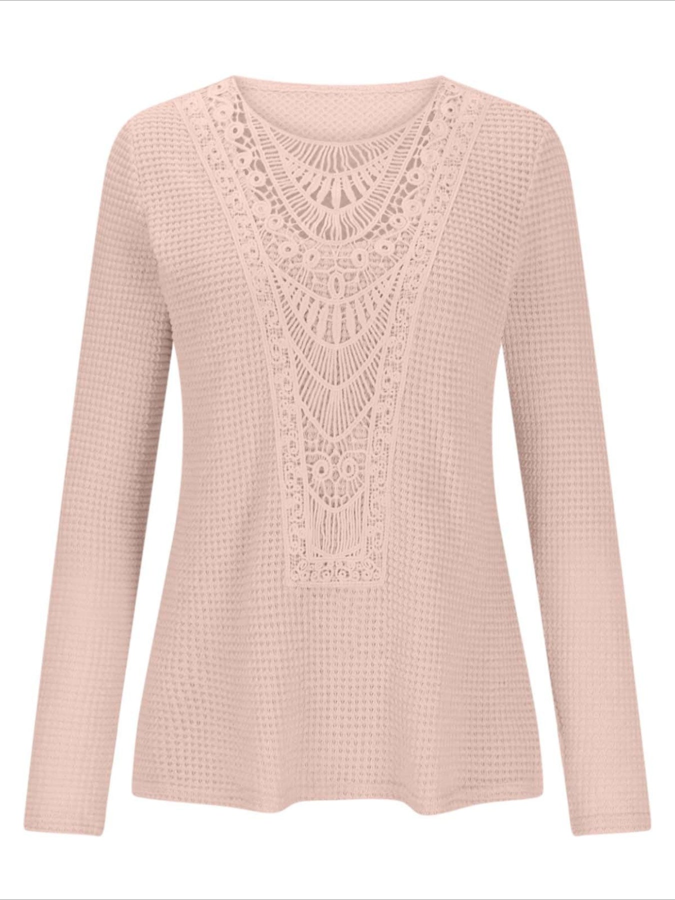 Pineapple Checked Lace Splicing Long Sleeve Solid Color T-shirt