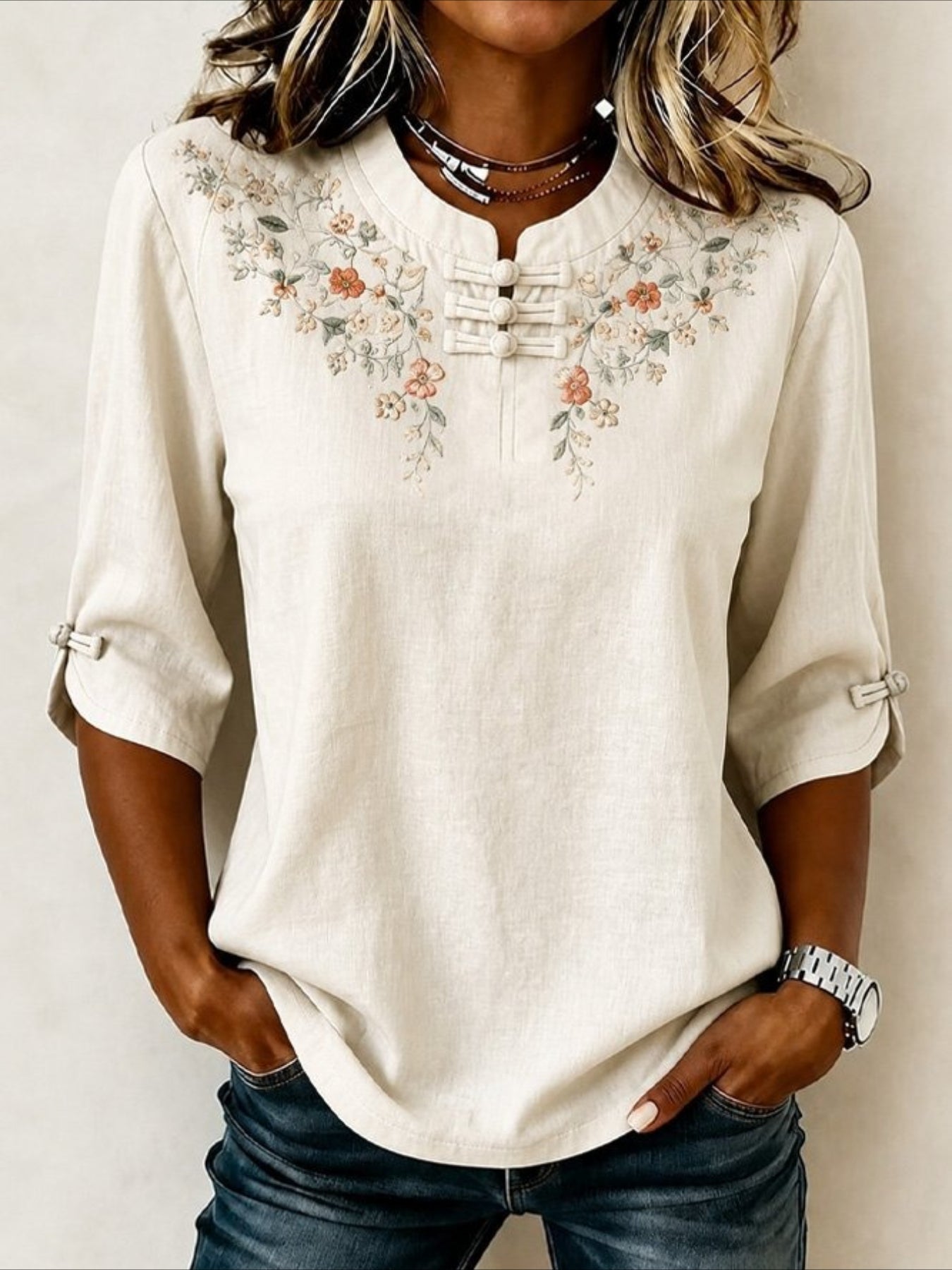 Half Sleeve Floral Buckle Mandarin Collar Blouse