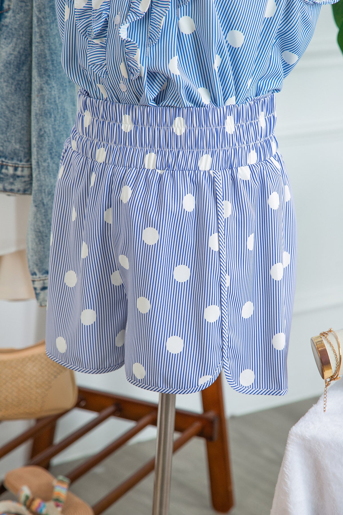 Sky Blue Polka Dot Print Shirred High Waist Casual Shorts