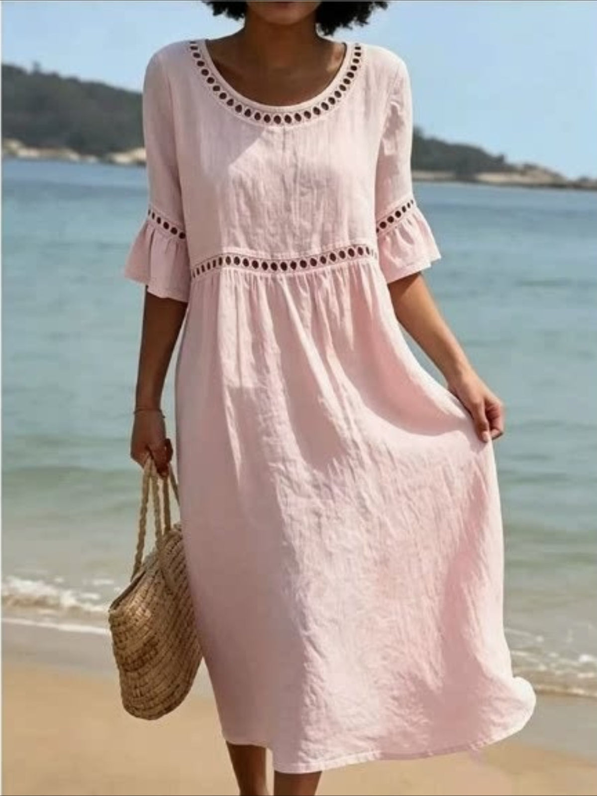 Color Retro Laced Lace Short Sleeve Round Neck Dress