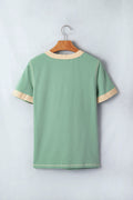 Mint Green Raw Seam Color Block Detail Buttoned Henley Tee