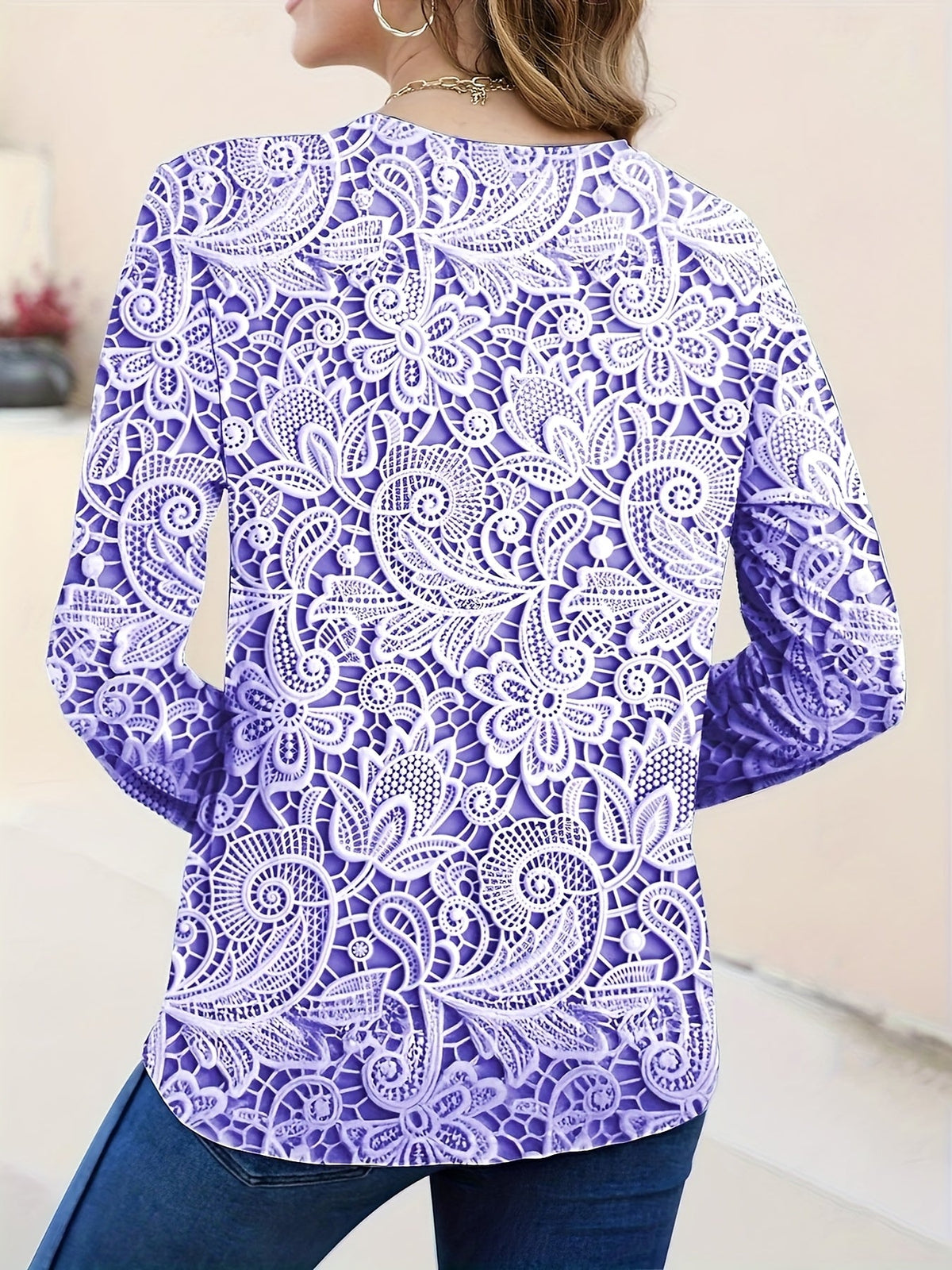 Elegant Floral Print High-Stretch Round Neck Long Sleeve Top
