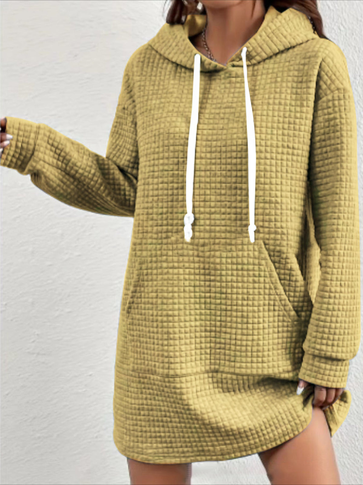 Stylish Textured Drawstring Dress - Comfy Hooded Long Sleeve with Kangaroo Pocket
