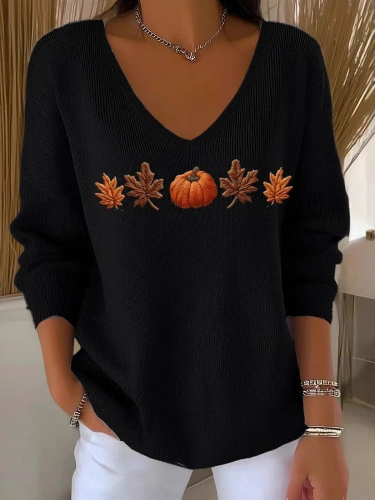 Halloween Women Floral Long Sleeve Comfy Casual Sweater Tee