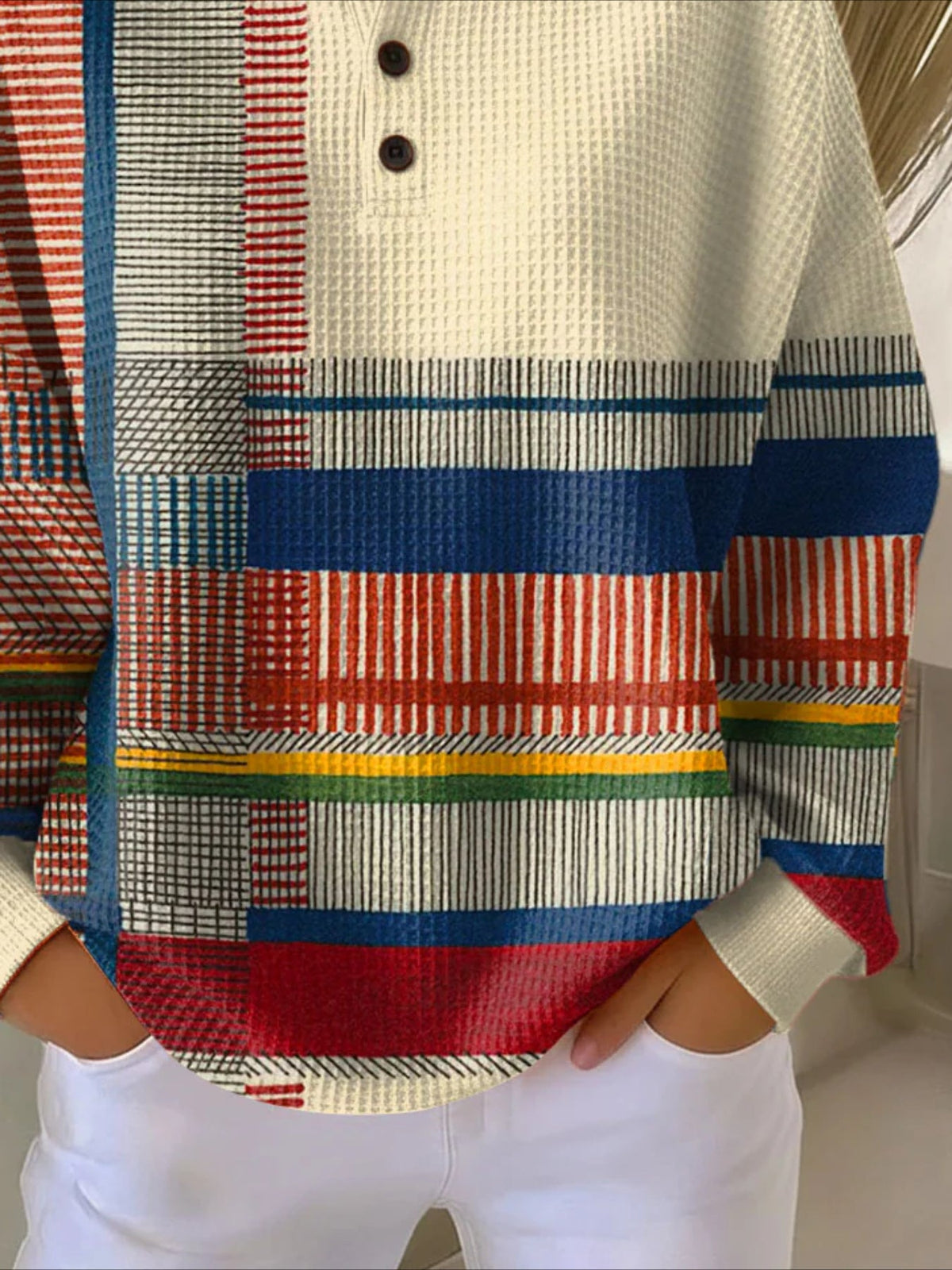 Colorful Ribbed V Neck Braided Print Long Sleeve Regular Sweatshirt