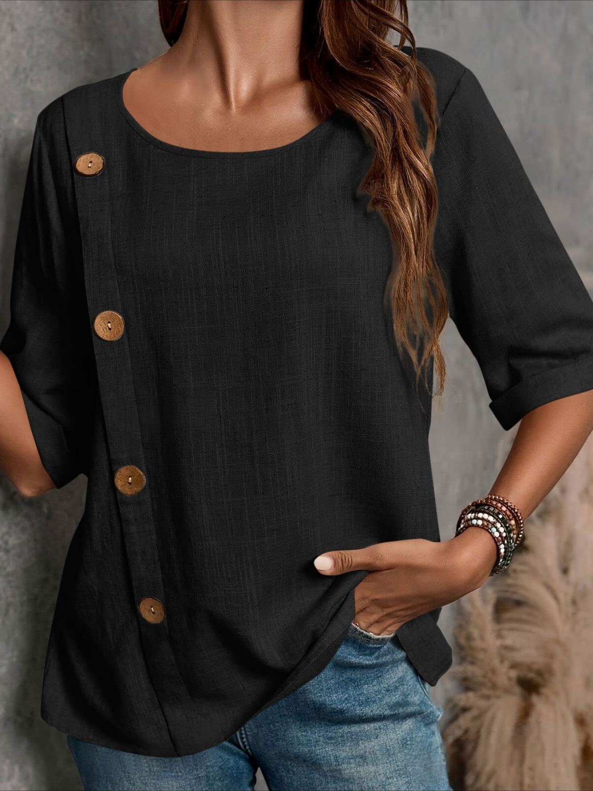 Vintage-Inspired Button-Up Round Neck Blouse with Puffed Sleeves