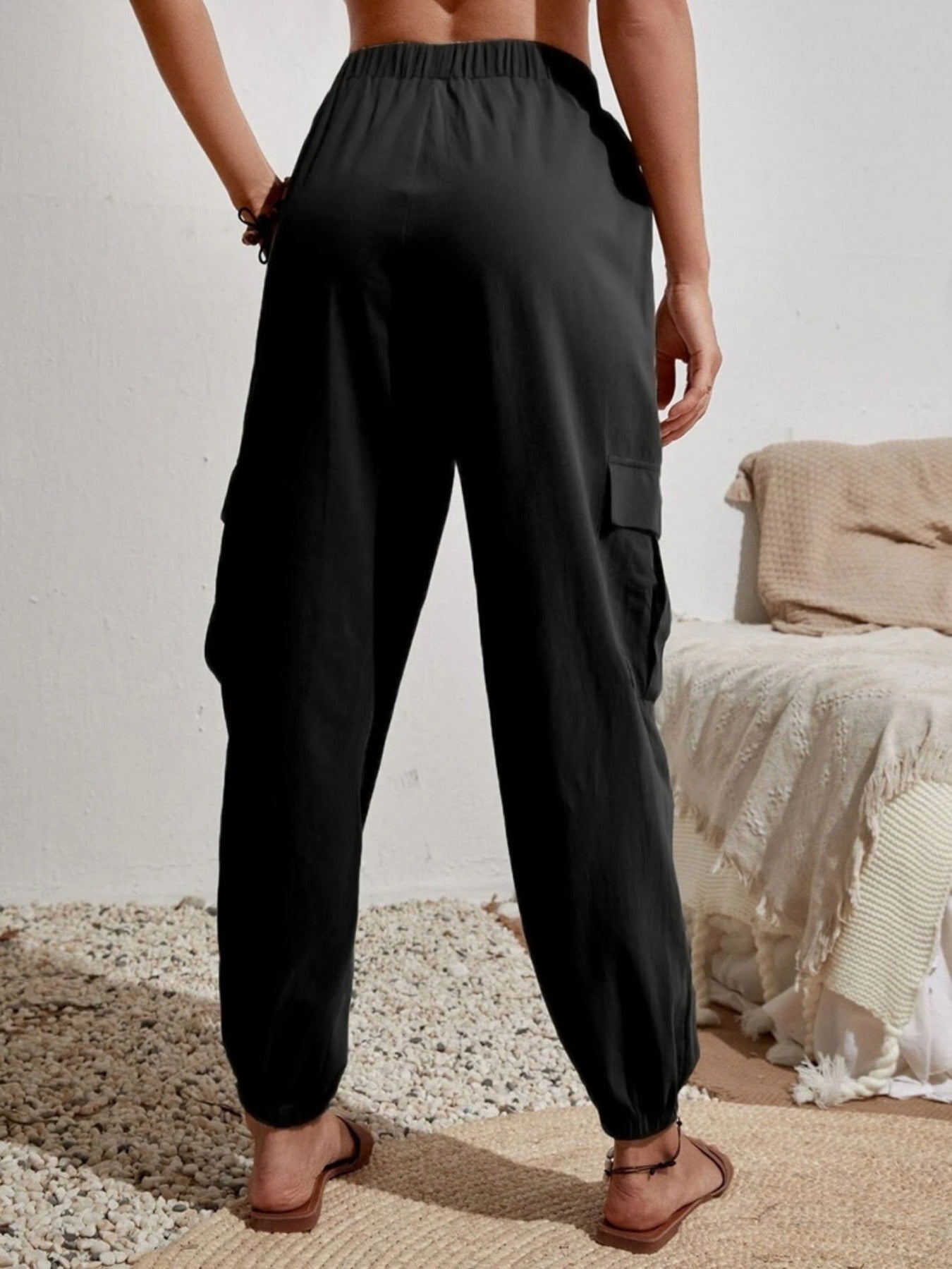 Solid Drawstring Pants, Casual Slant Pockets Cargo Pants