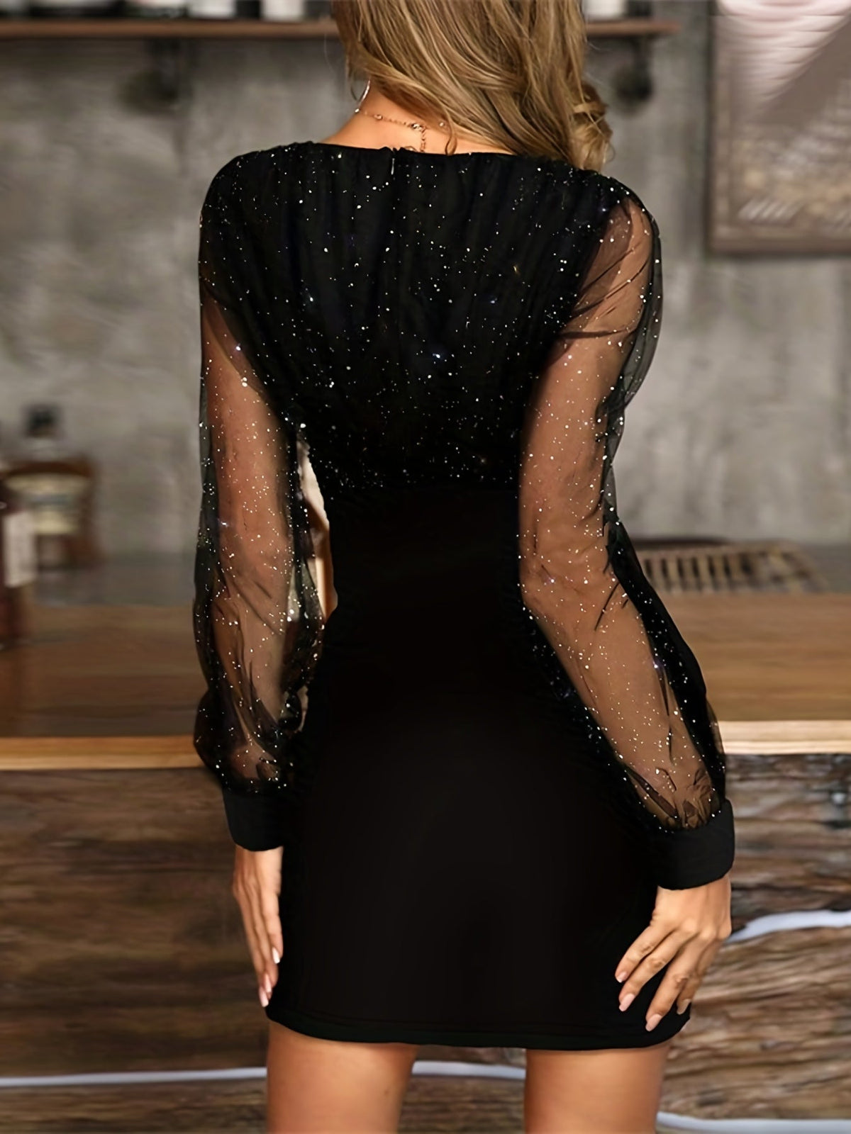 Solid Sequin Stitching Lace Long Sleeve Dress, Elegant Mesh Slim Sexy Party Dress
