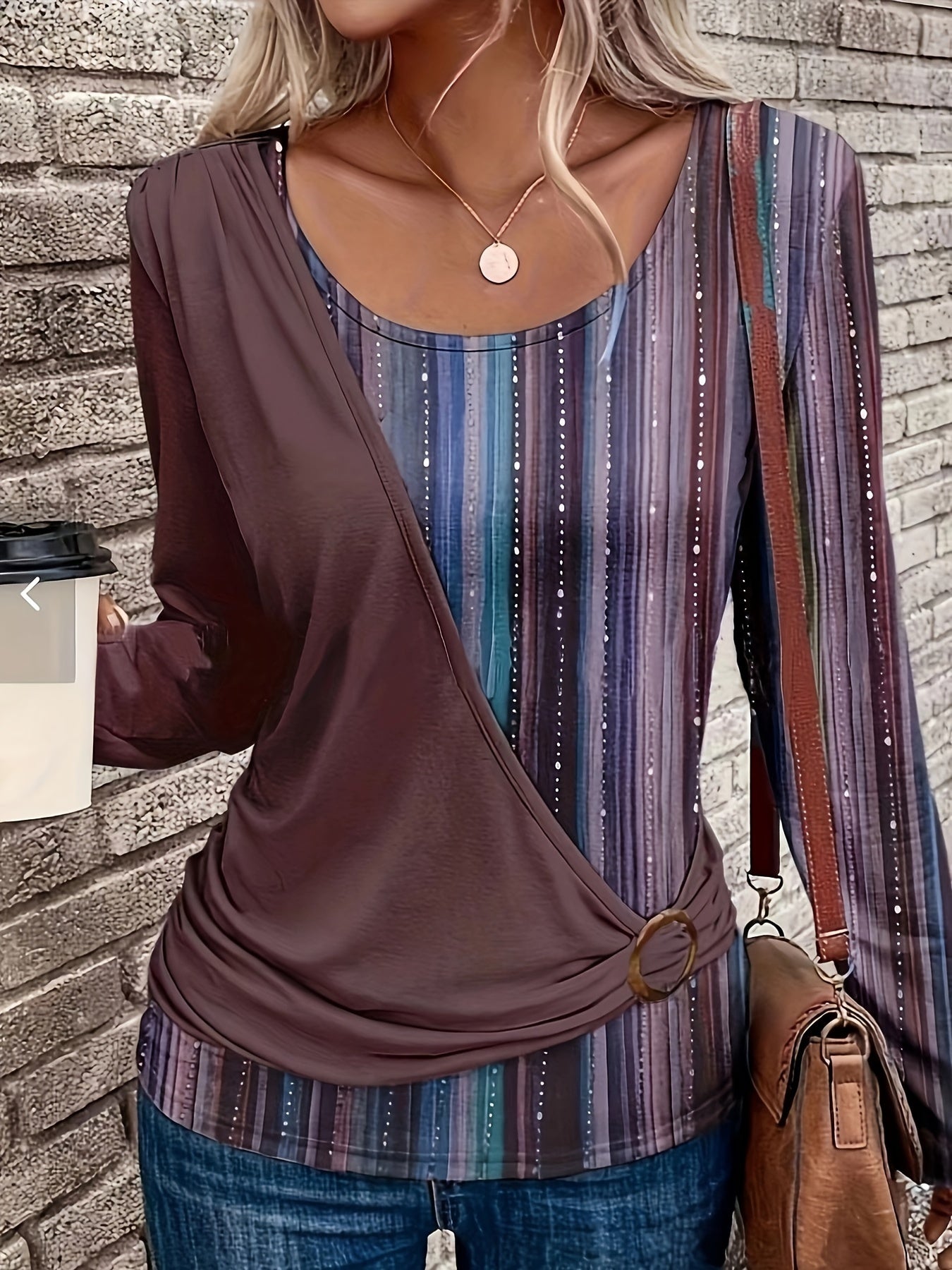 Allover Print Crew Neck T-Shirt, Casual Ring Linked Long Sleeve T-Shirt