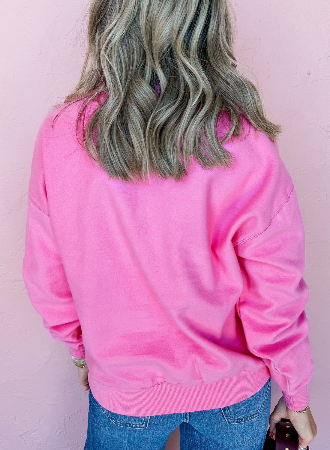 Bright Pink Half Button Stand Neck Drop Shoulder Sweatshirt