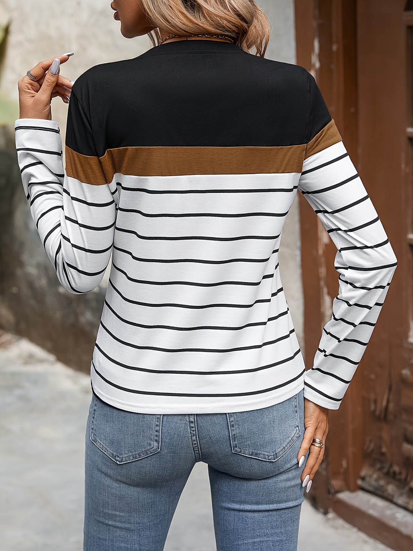 Women's Striped Color Block T-Shirt - Casual Long Sleeve Top