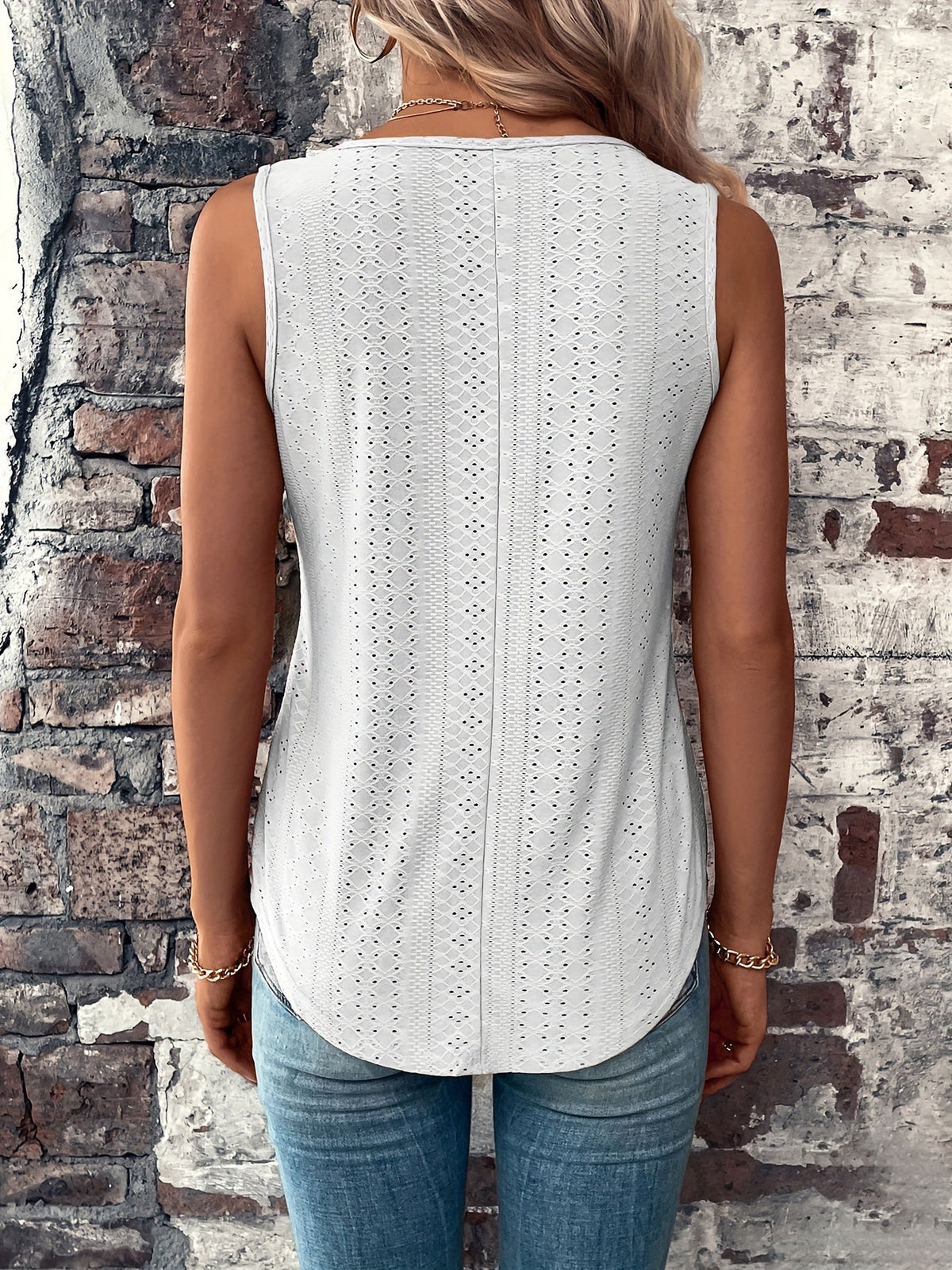 Eyelet Solid Tank Top, Casual V Neck Summer Sleeveless Top