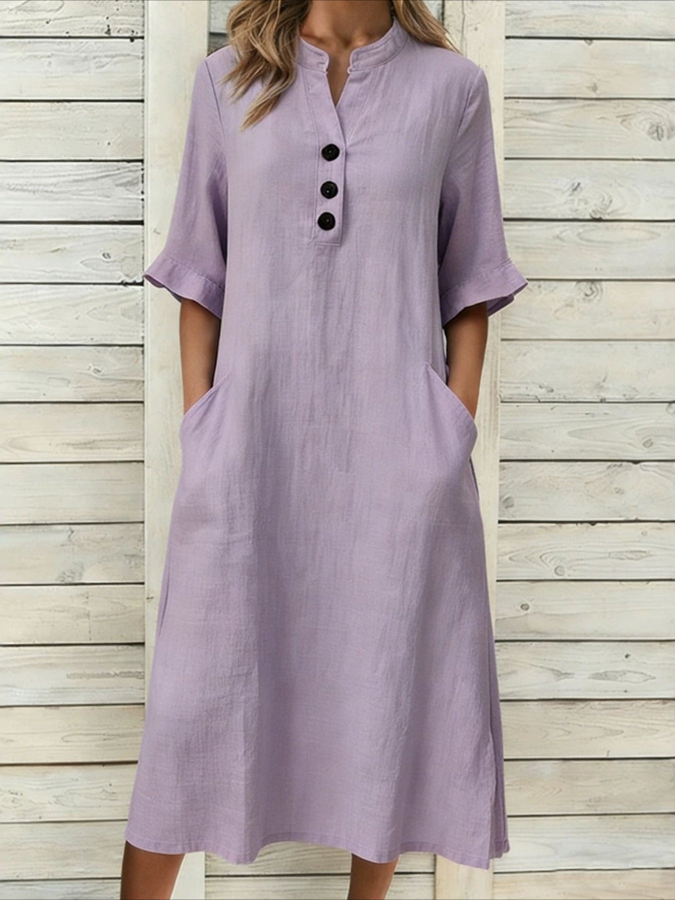 Solid Color Textured Half Sleeve V Neck Elegant Button Sundress Loose Fit High Waisted A Line Flowy Pockets Midi Dress