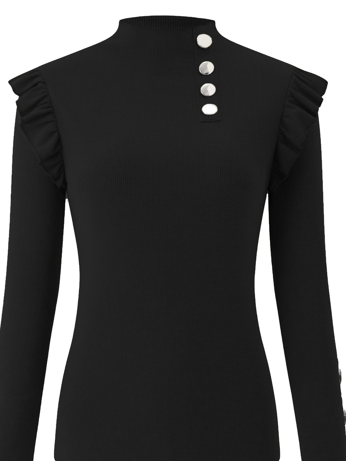 Solid Mock Neck Ruffle Trim Tee, Elegant Long Sleeve Slim T-shirt