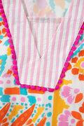 Rose Plus Size Geometric Print Contrast Trim Striped V Neck Blouse