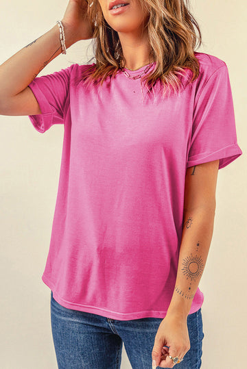 Sachet Pink Bright Casual Plain Crew Neck Tee
