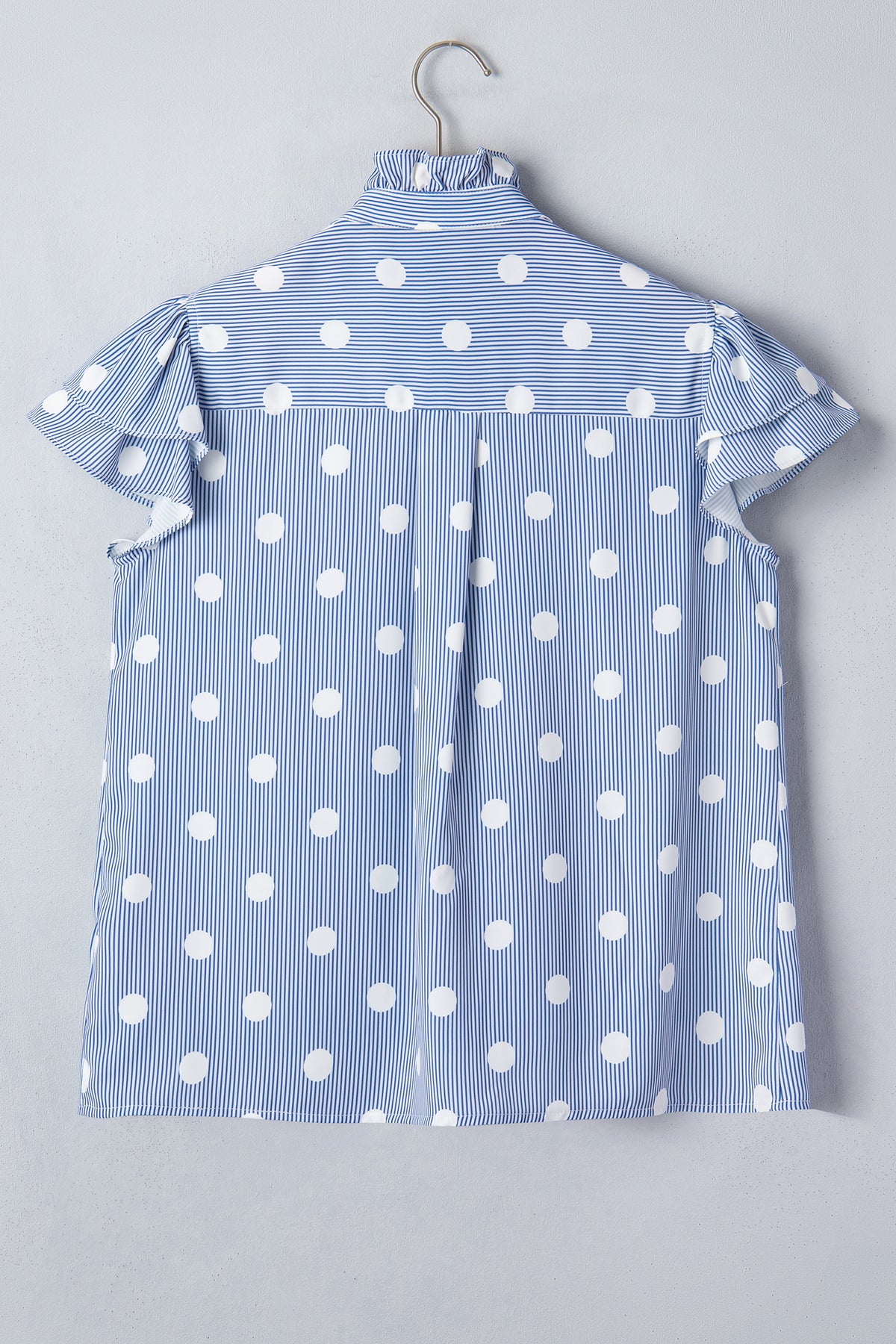 Sky Blue Stripe Contrast Polka Dot Print Pleated Ruffle Sleeve Shirt