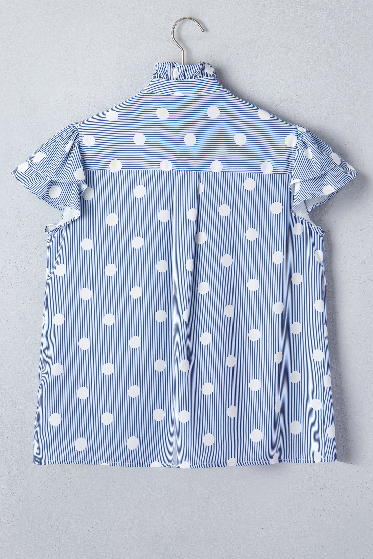 Sky Blue Stripe Contrast Polka Dot Print Pleated Ruffle Sleeve Shirt