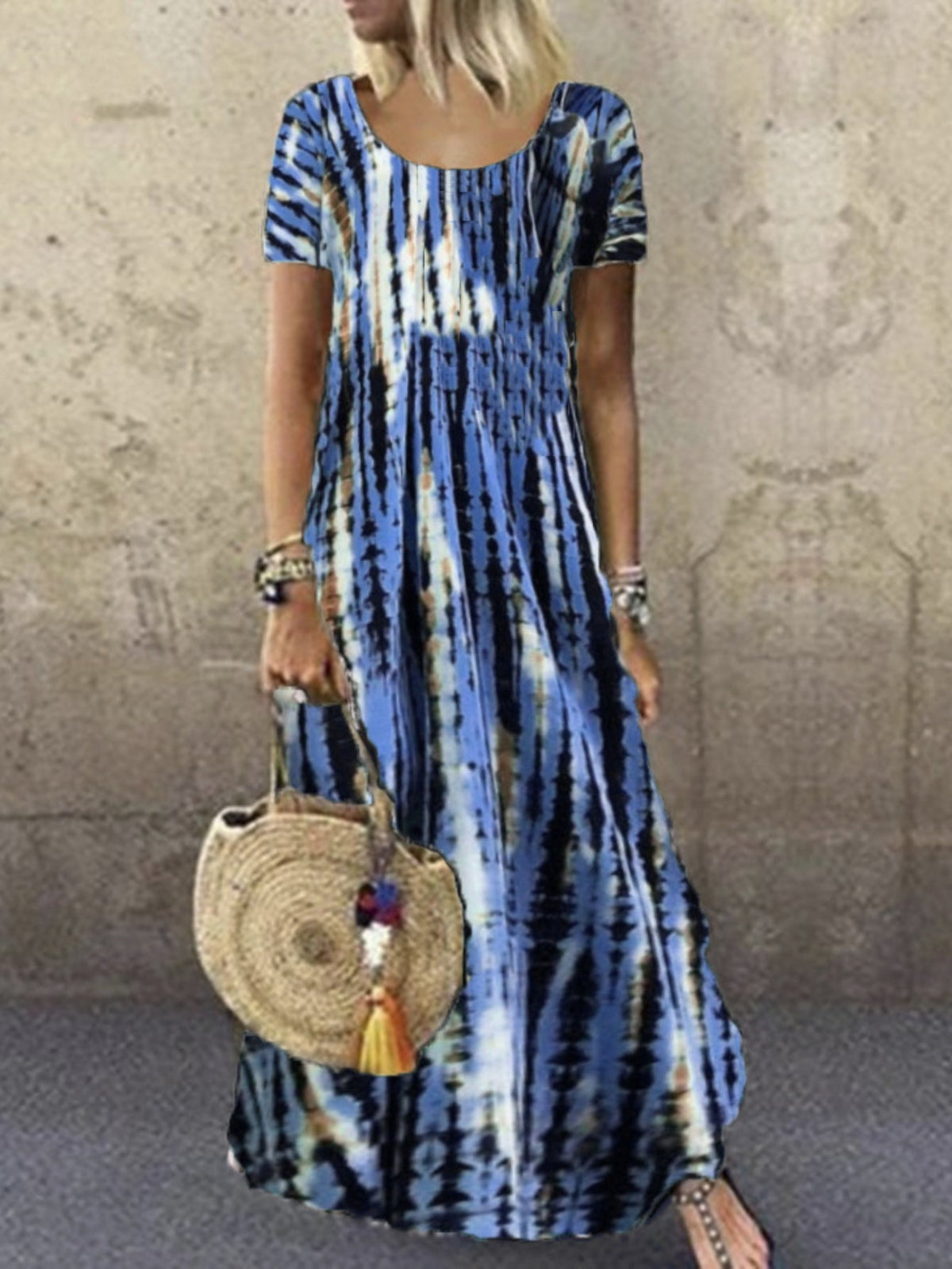 Tie Dye Striped Dress, Casual Crew Neck Short Sleeve Ankle Dress