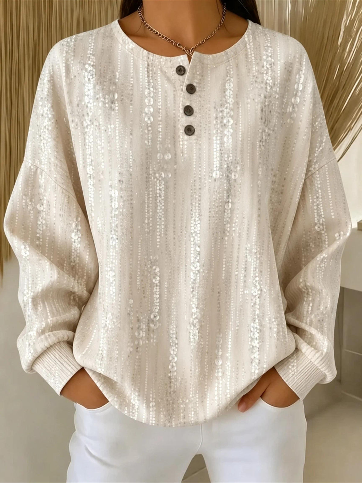 Abstract Henley Collar Long Sleeve Regular Sweatshirt