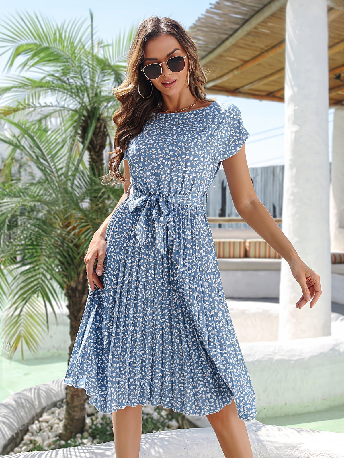 Ditsy Floral Print Belted Dress, Short Sleeve Casual Every Day Vacation Dress