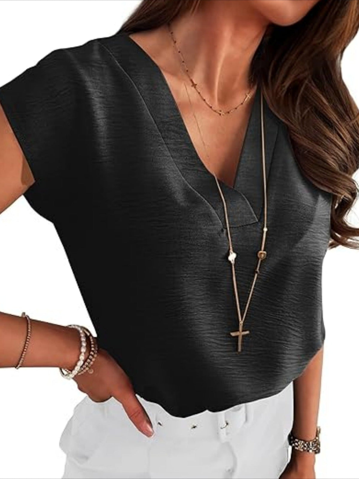 Plain V-Neck Batwing Short Sleeve Casual Loose Blouse