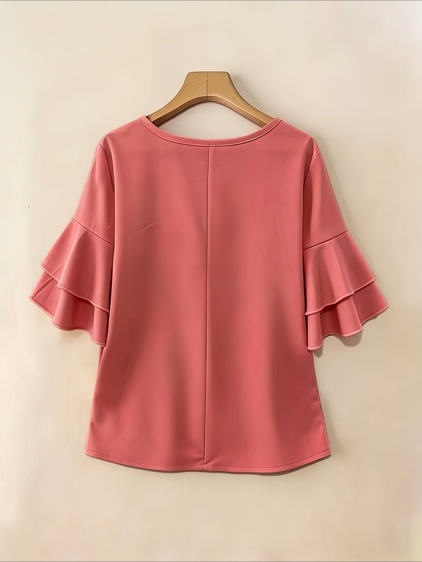 Elegant Fashion Summer Loose Solid Round Neck Button-Up Shirt Flared Sleeve Ruffle Top