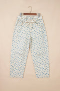 Beige Grommet Knot Waist Floral Barrel Leg Jeans