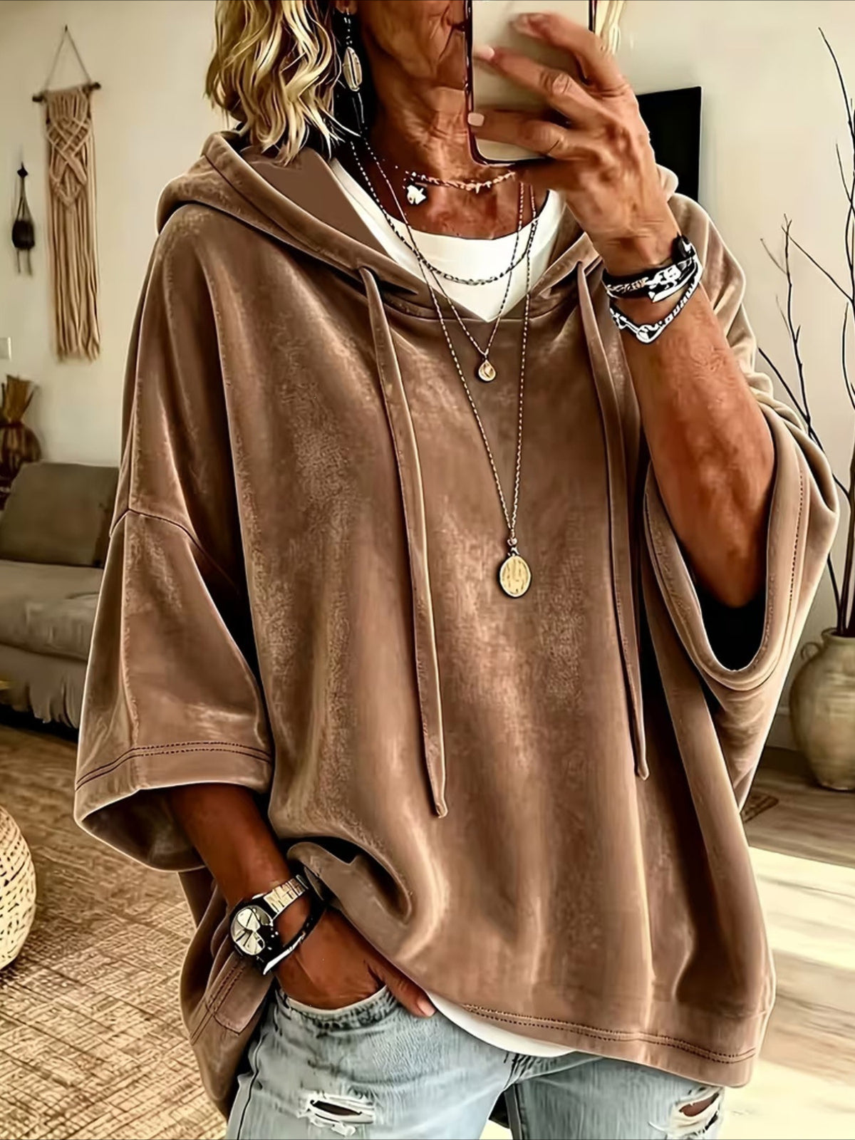 Loose Fit Velvet Hoodie with Three-Quarter Batwing Sleeves