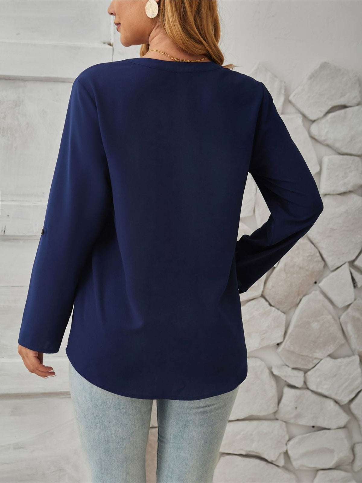 V-Neck Solid Color Comfortable Breathable Casual Long Sleeve Top