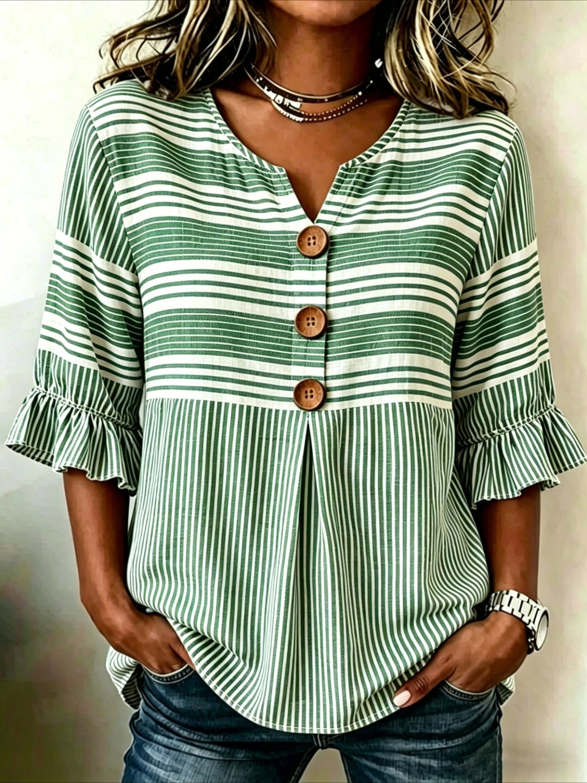 Striped Print V Neck Button Short Ruffle Sleeve Casual Top