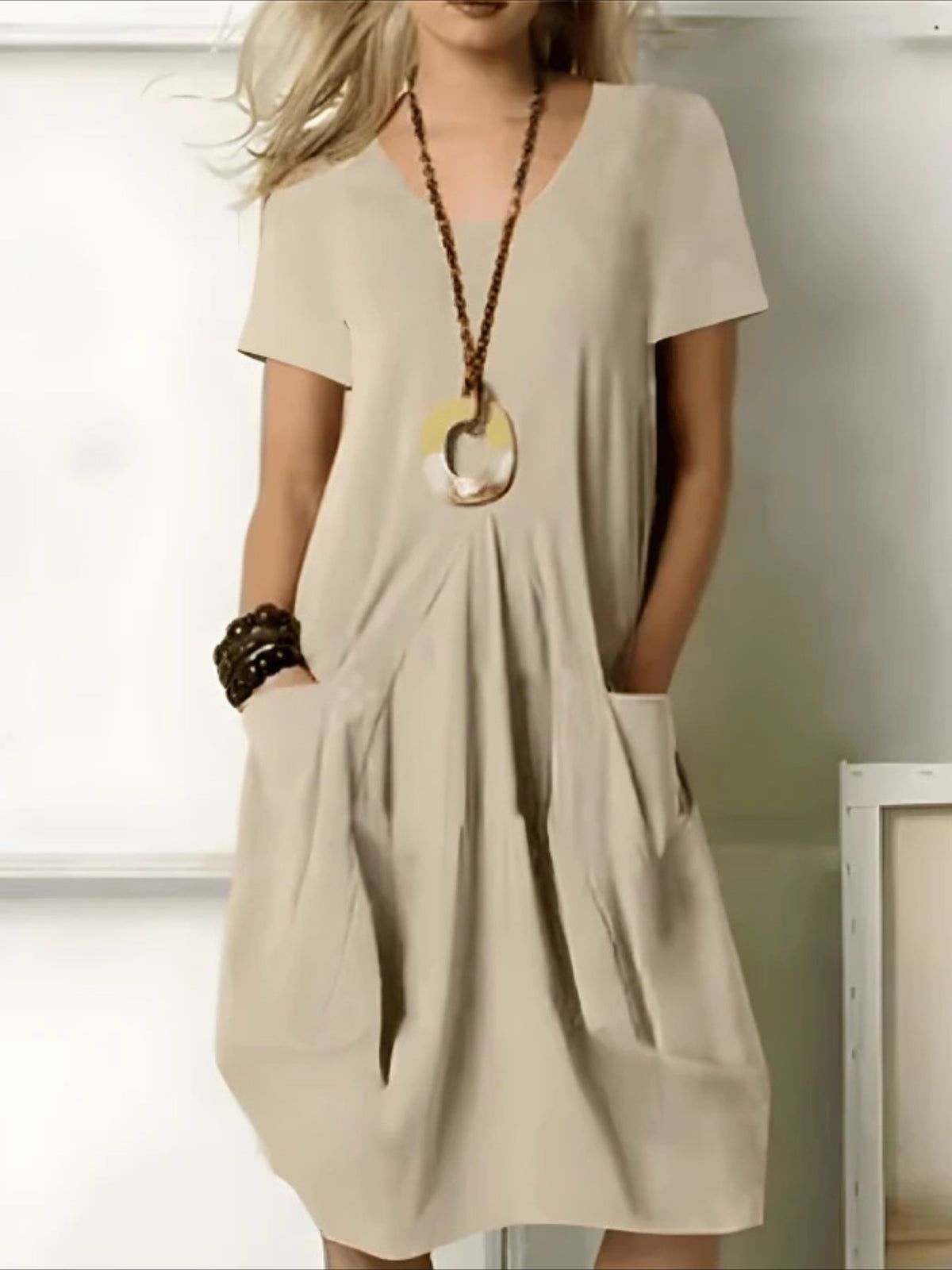 Casual Cotton and Linen Pocket Solid Color Midi Dress