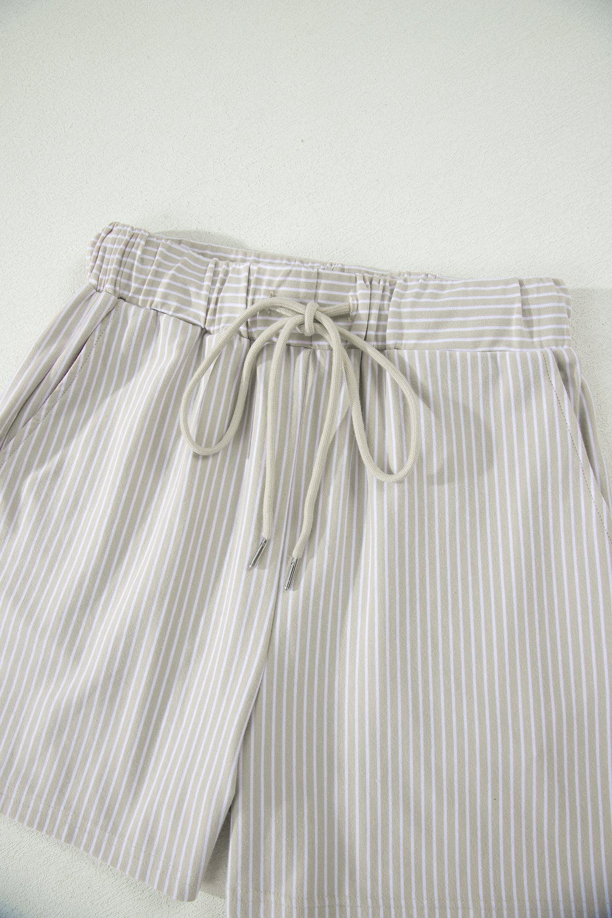 Khaki Stripe Dolman Sleeve Polo Shirt and Drawstring Shorts Set