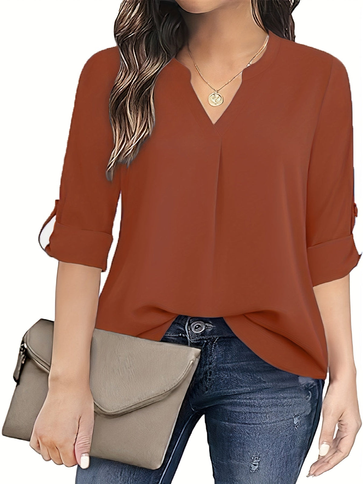 Solid Simple Blouse, Casual V Neck Long Sleeve Blouse