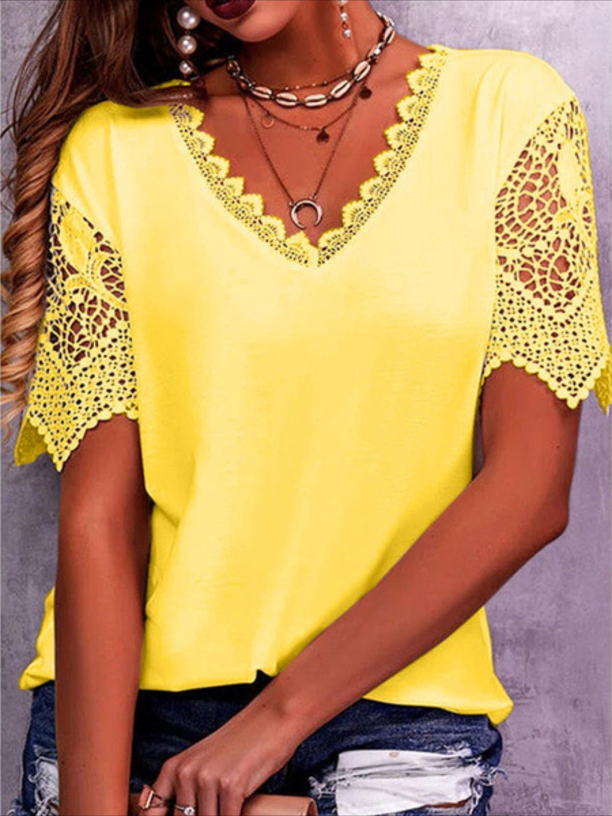 Pure Color Lace Patchwork Short Sleeve T-shirt