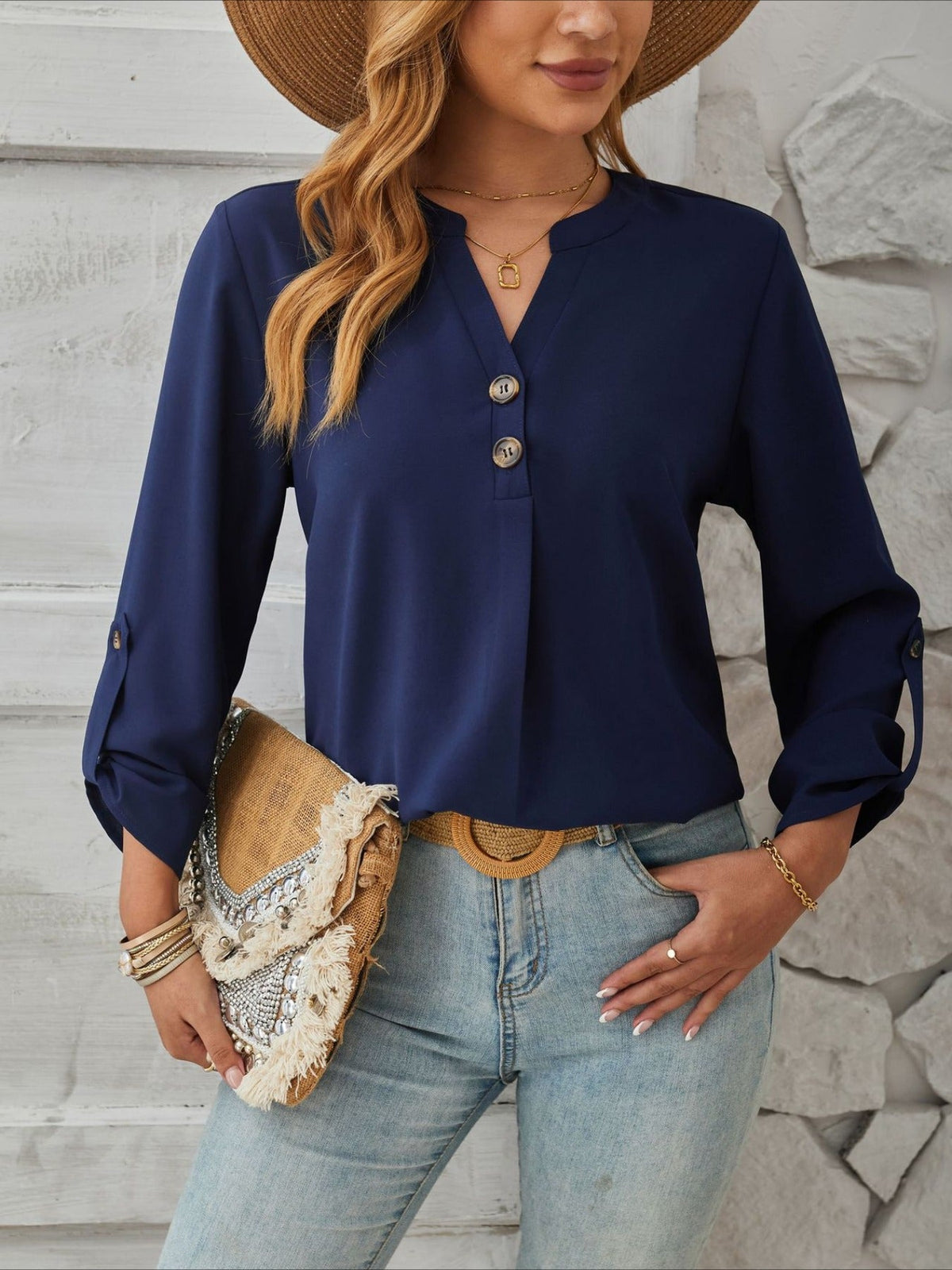 V-Neck Solid Color Comfortable Breathable Casual Long Sleeve Top