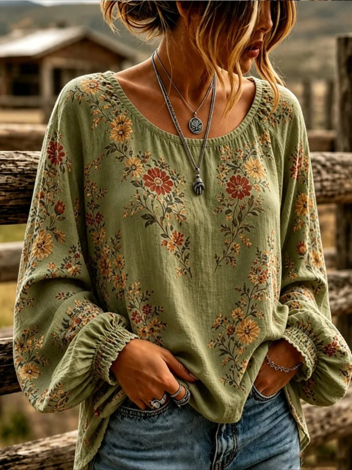 Floral Crew Neck Long Sleeve Blouse