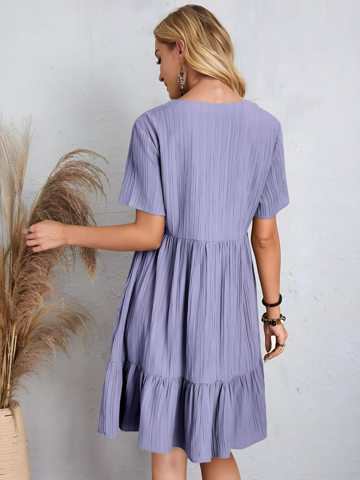Short Sleeve V Neck Ruffle Mid Dress