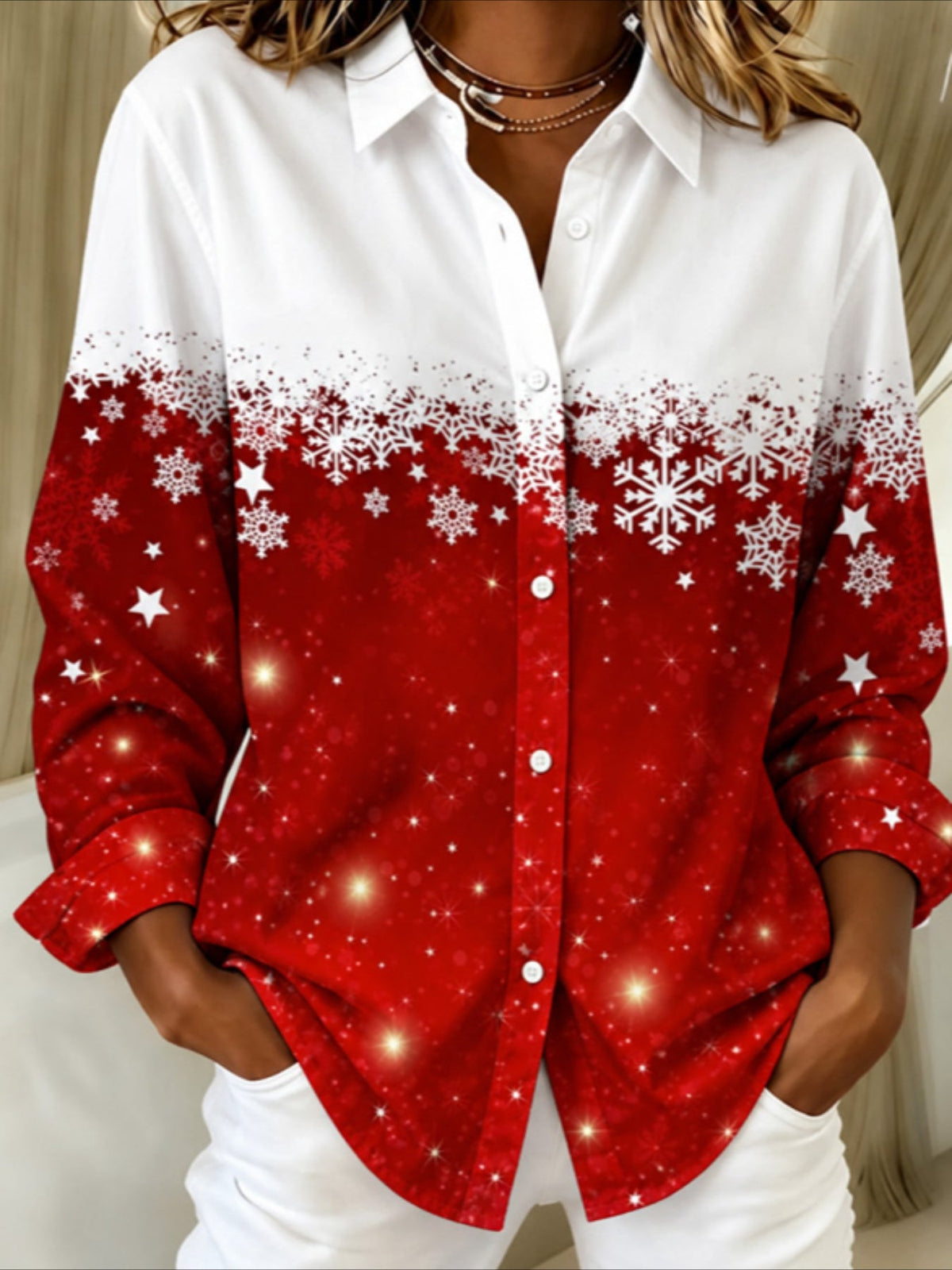 Christmas Snowflake & Tree Patterns Long Sleeve Plain Regular Micro-Elasticity Regular Fit Shirt