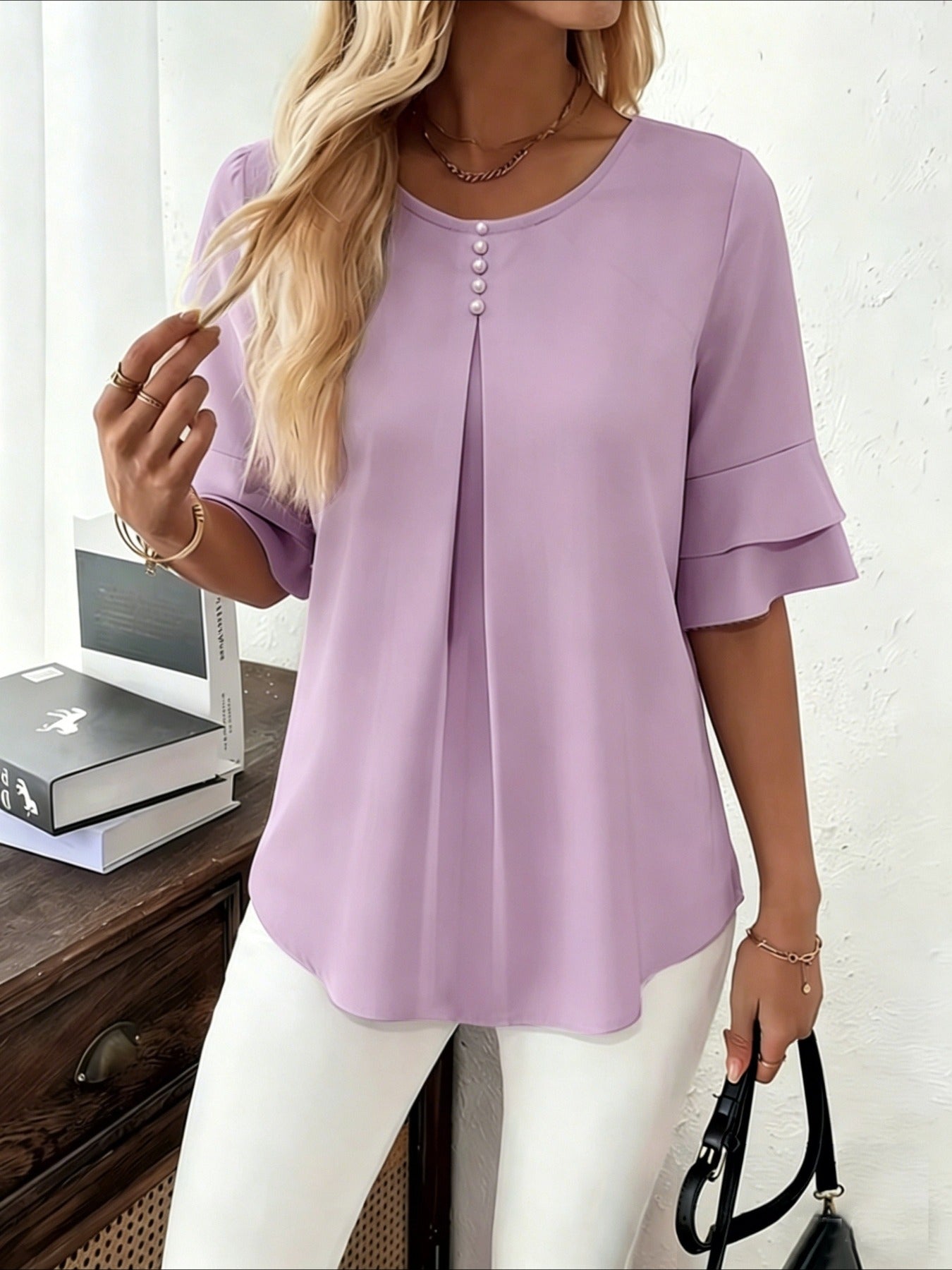 Elegant Fashion Summer Loose Solid Round Neck Button-Up Shirt Flared Sleeve Ruffle Top