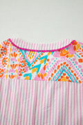 Rose Plus Size Geometric Print Contrast Trim Striped V Neck Blouse