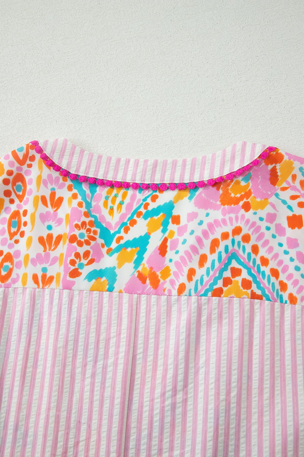 Rose Plus Size Geometric Print Contrast Trim Striped V Neck Blouse