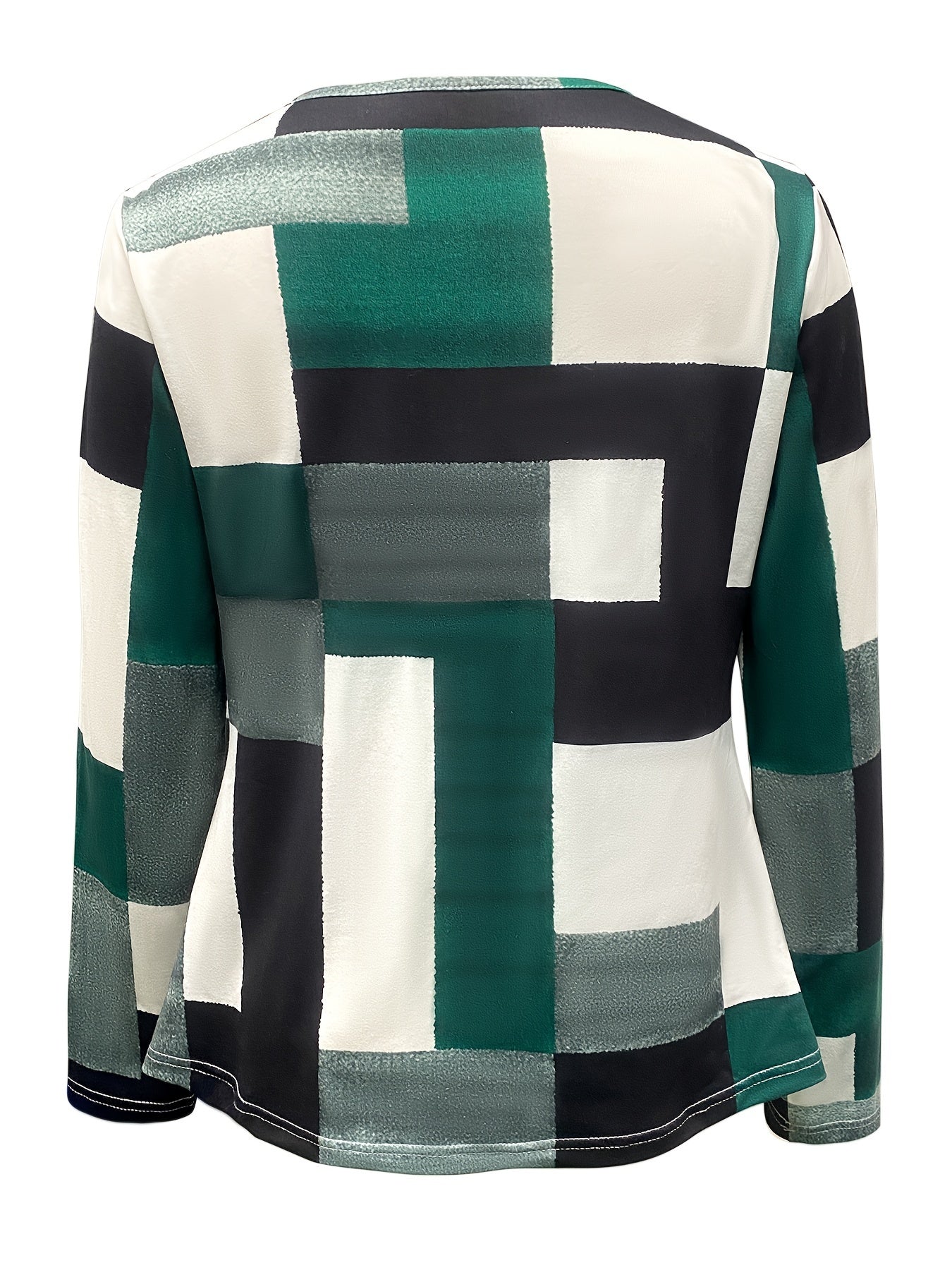 Colorblock Print Ruched T-Shirt, Casual Long Sleeve Top