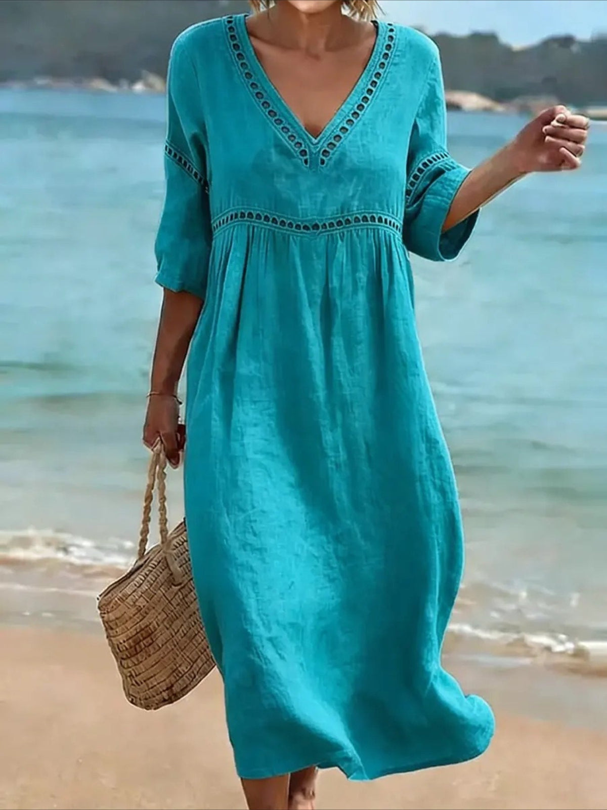 Casual V-Neck Solid Color Hollow Out Dress
