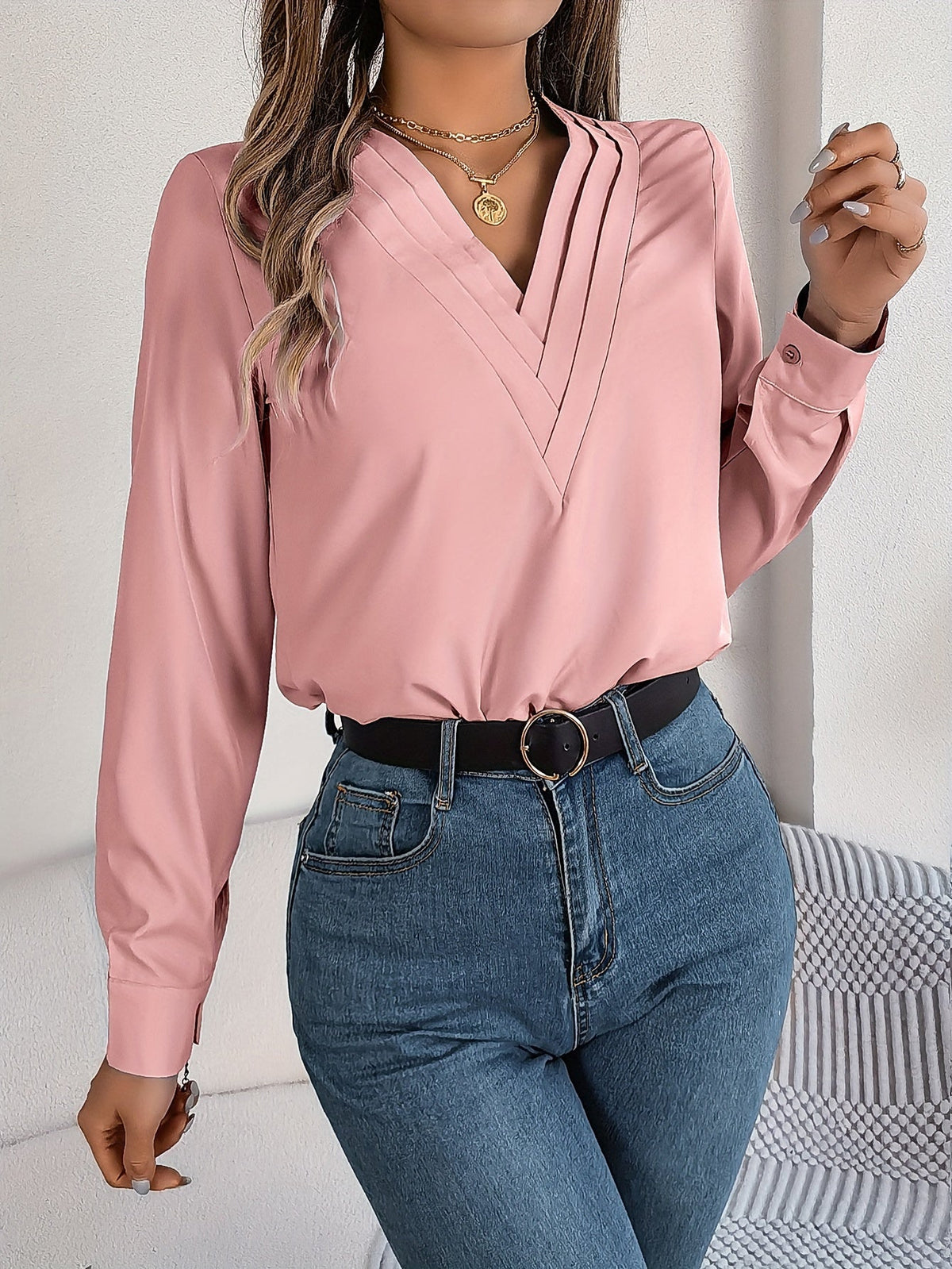 Solid Color V Neck Blouse, Elegant Long Sleeve Blouse
