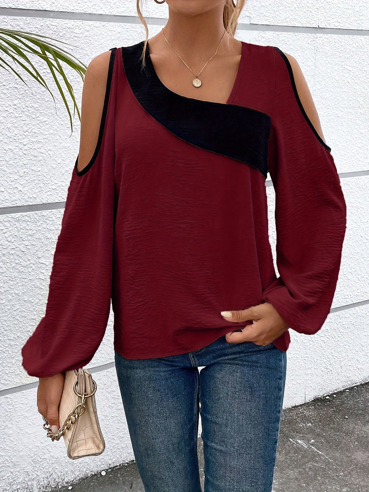 Color Block Cold Shoulder Blouse, Casual Long Sleeve Top