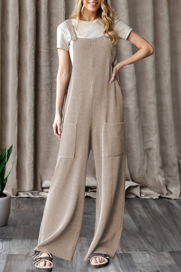Parchment Ribbed Knit Patched Pocket Wide Leg Overalls