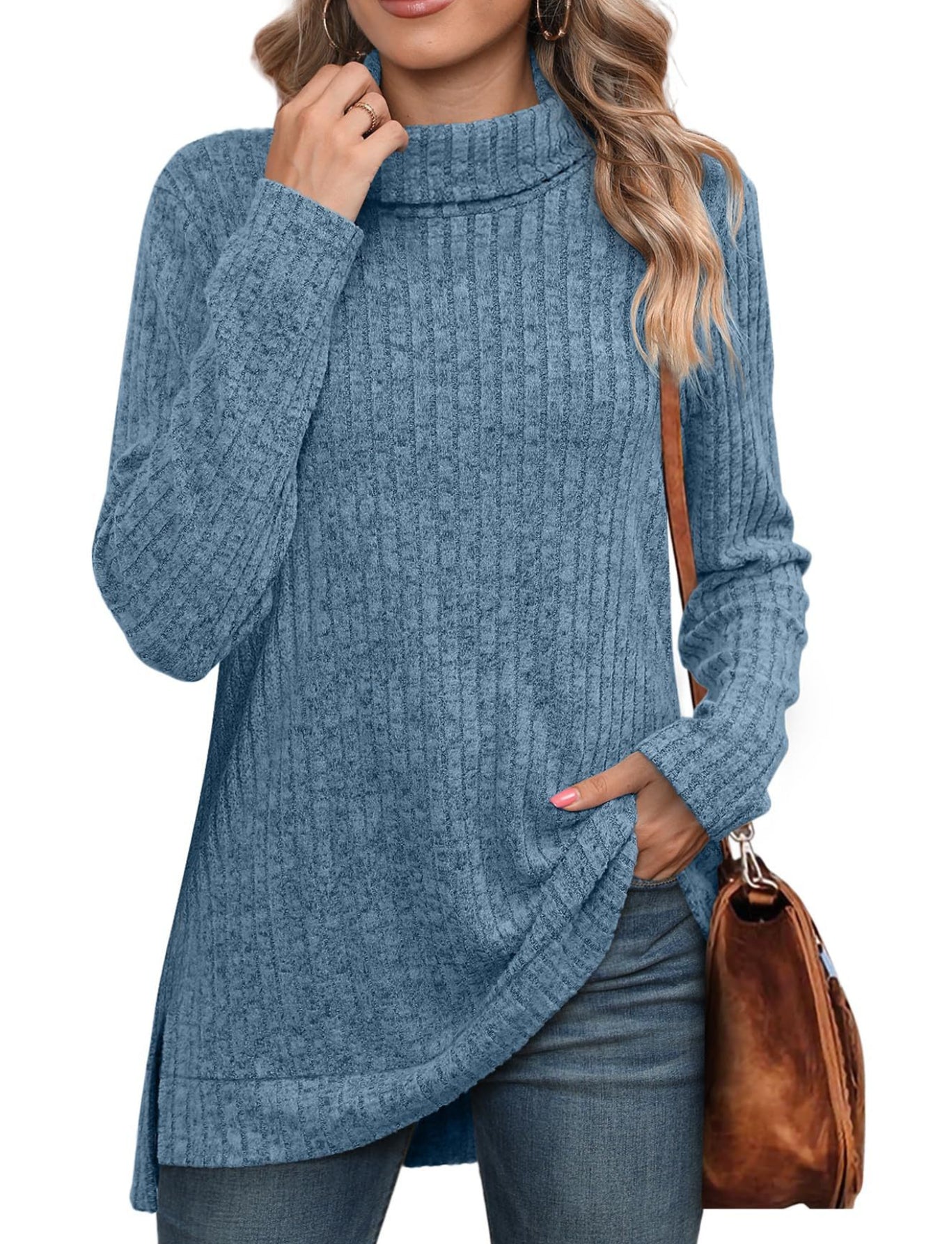 Ribbed Crew Neck Side Split T-Shirt, Casual Long Sleeve Top